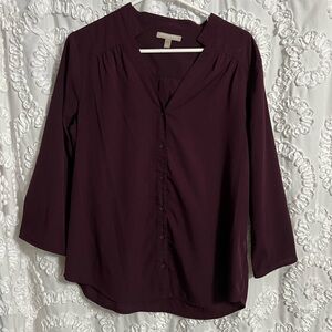 Banana Republic Large Blouse Women's Wine Ballon Sleeve Button Front V Neck Top